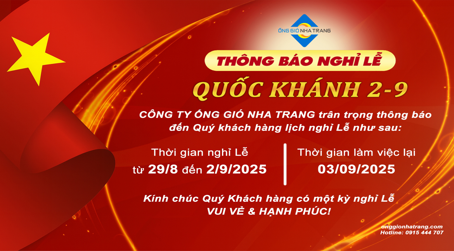 Công ty Ống Gió Nha Trang - Thông báo nghỉ Lễ Quốc Khánh 2-9 Công ty Ống Gió Nha Trang - Thông báo nghỉ Lễ Quốc Khánh 2-9