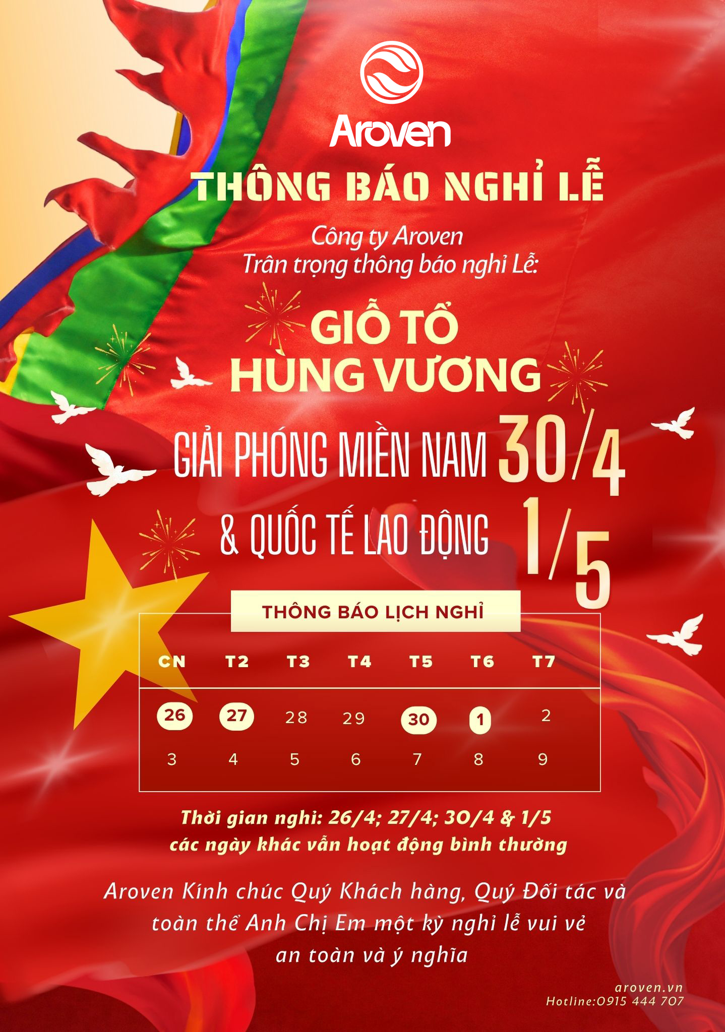 Aroven xin trân trọng thông báo lịch nghỉ lễ Giỗ Tổ Hùng Vương, Giải phóng miền Nam 30/4 và Quốc Tế lao động 1/5