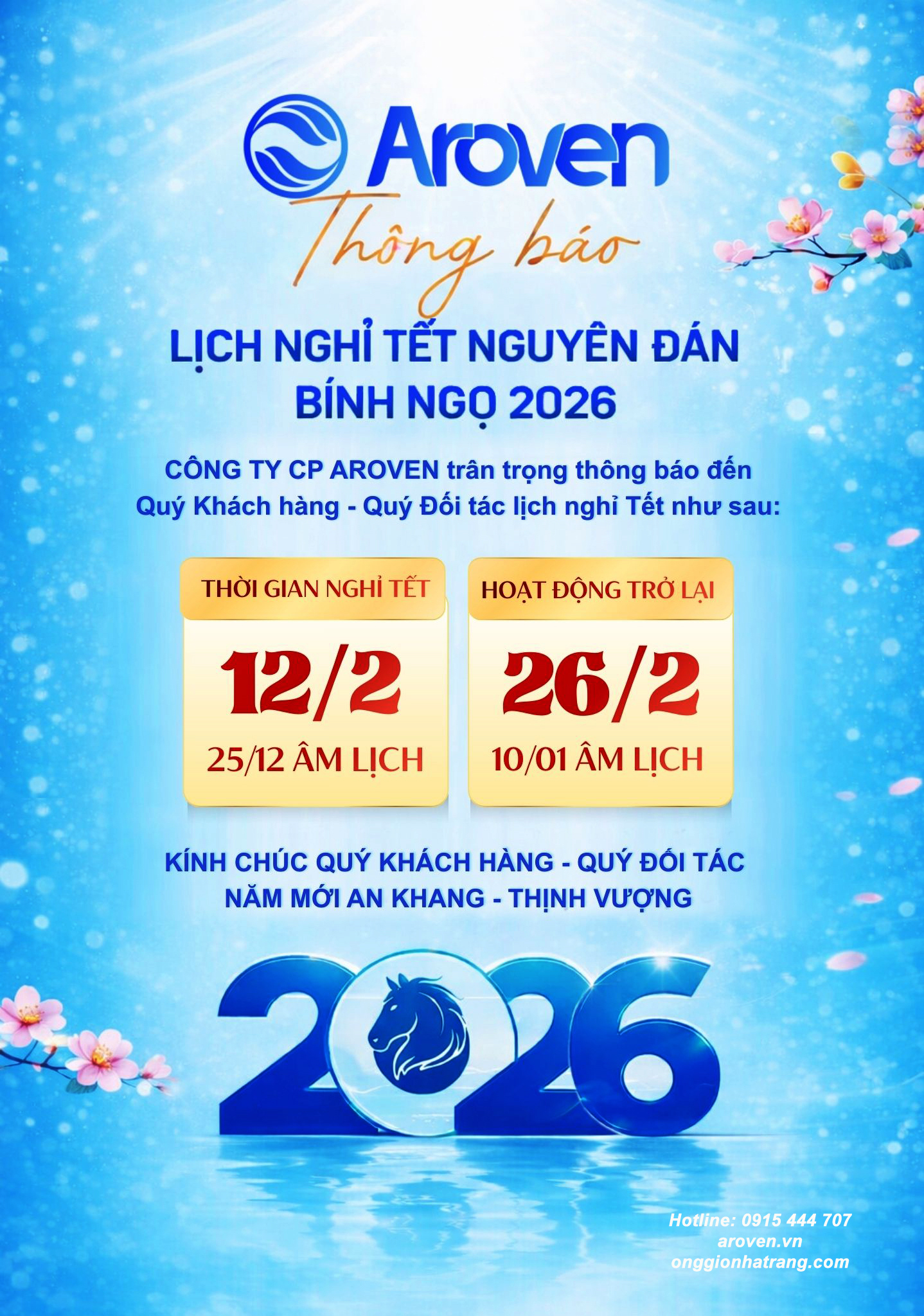 Aroven - Thông báo nghỉ Tết Nguyên đán Bính Ngọ 2026